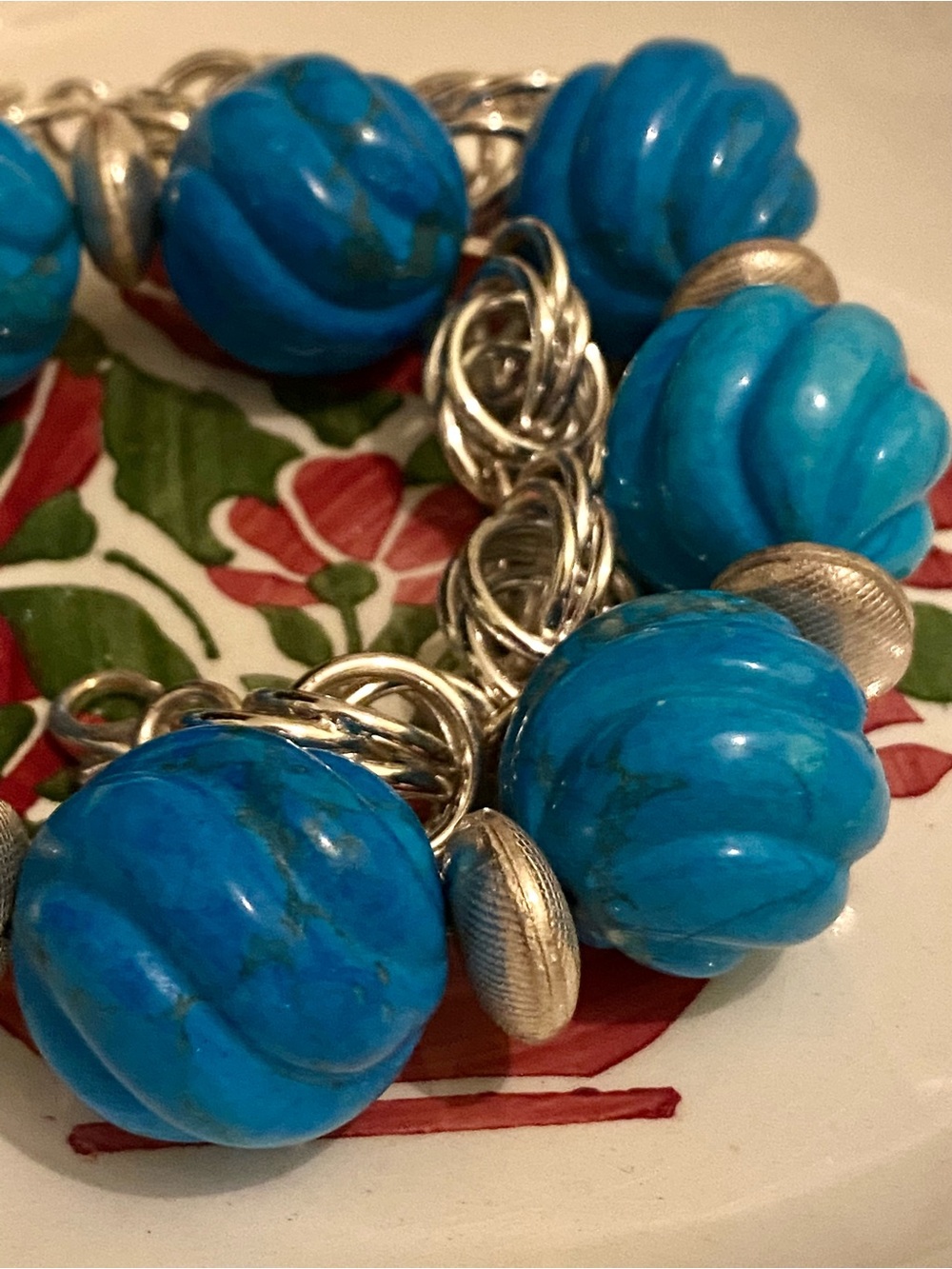 VTG Myrna Lee Chang Turquoise & Sterling Silver Fluted Bead Statement Necklace